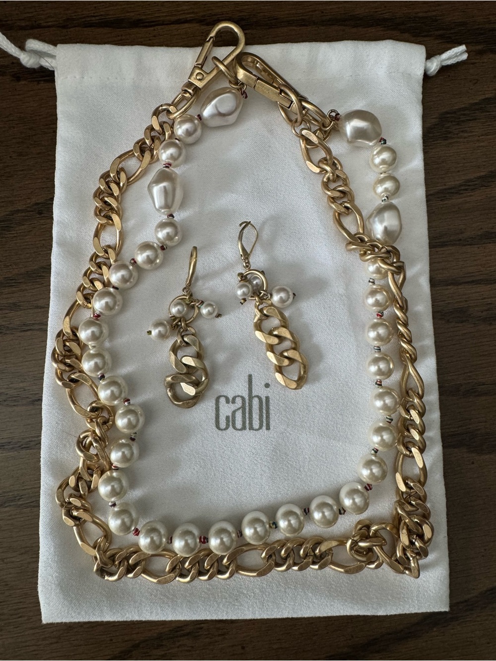 CAbi Gold Chain and Pearl Duo Necklace with Matching Earrings